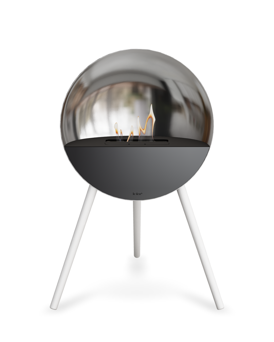Bioethanol Standkamin Le Feu EYE freistehend in Silber mit oberem Glas in Schwarz, Frontglas in Schwarz und Standfüßen in Weiß