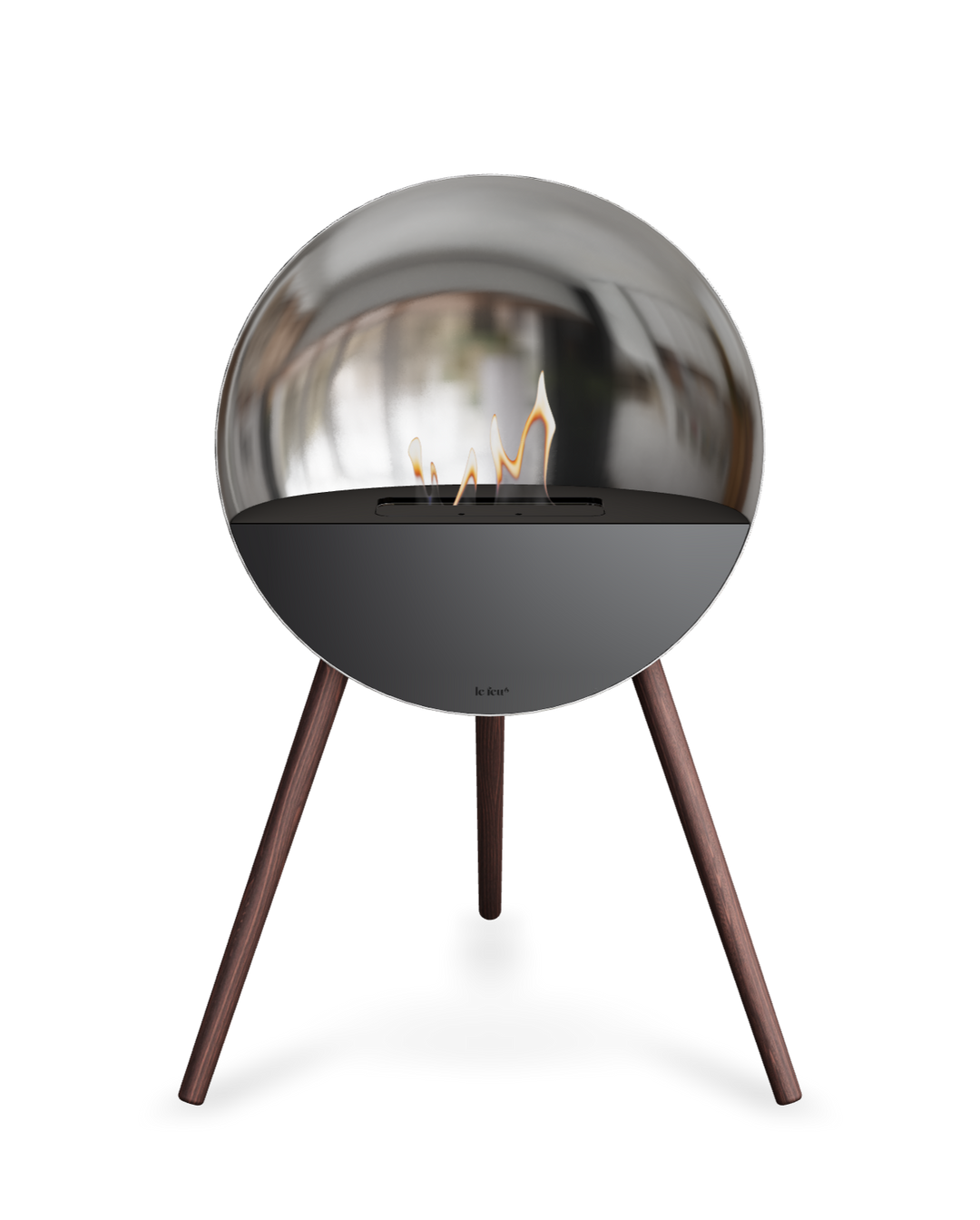 Bioethanol Standkamin Le Feu EYE freistehend in Silber mit oberem Glas in Schwarz, Frontglas in Schwarz und Standfüßen aus geräucherter Eiche