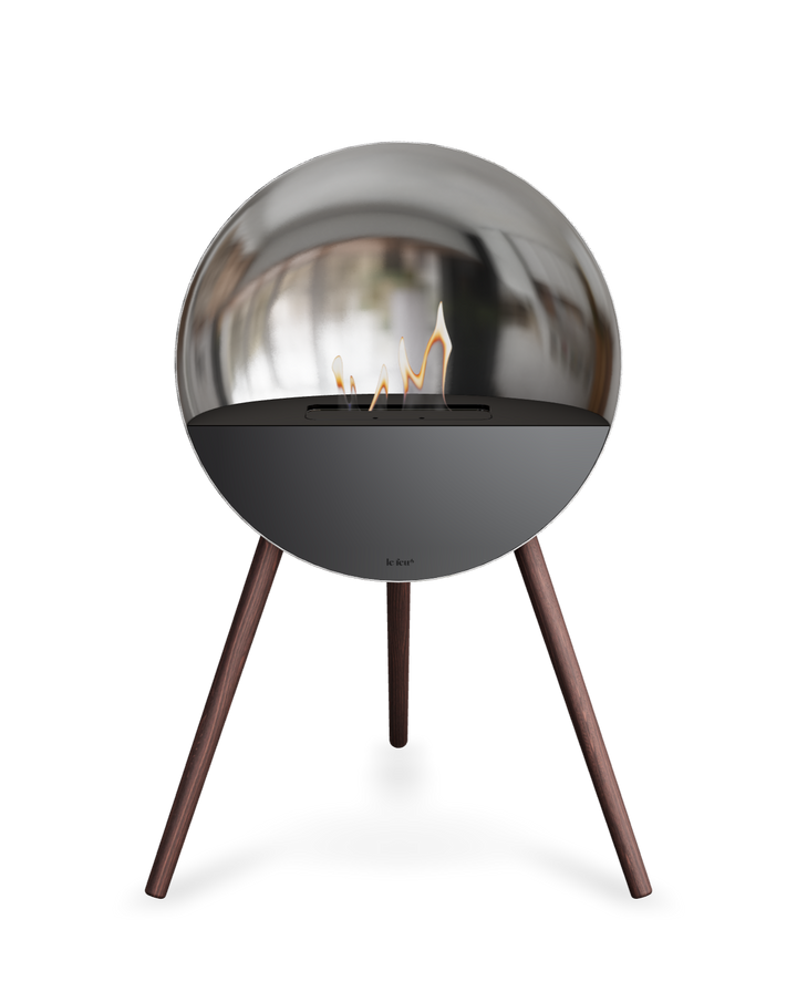 Bioethanol Standkamin Le Feu EYE freistehend in Silber mit oberem Glas in Schwarz, Frontglas in Schwarz und Standfüßen aus geräucherter Eiche