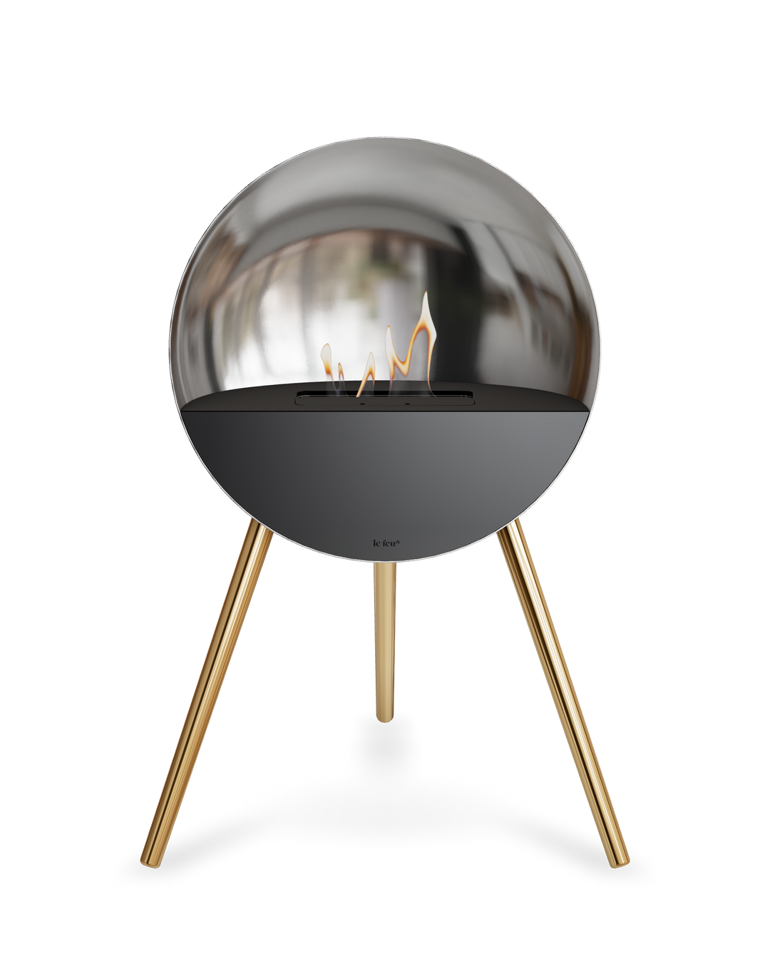 Bioethanol Standkamin Le Feu EYE freistehend in Silber mit oberem Glas in Schwarz, Frontglas in Schwarz und Standfüßen in Roségold