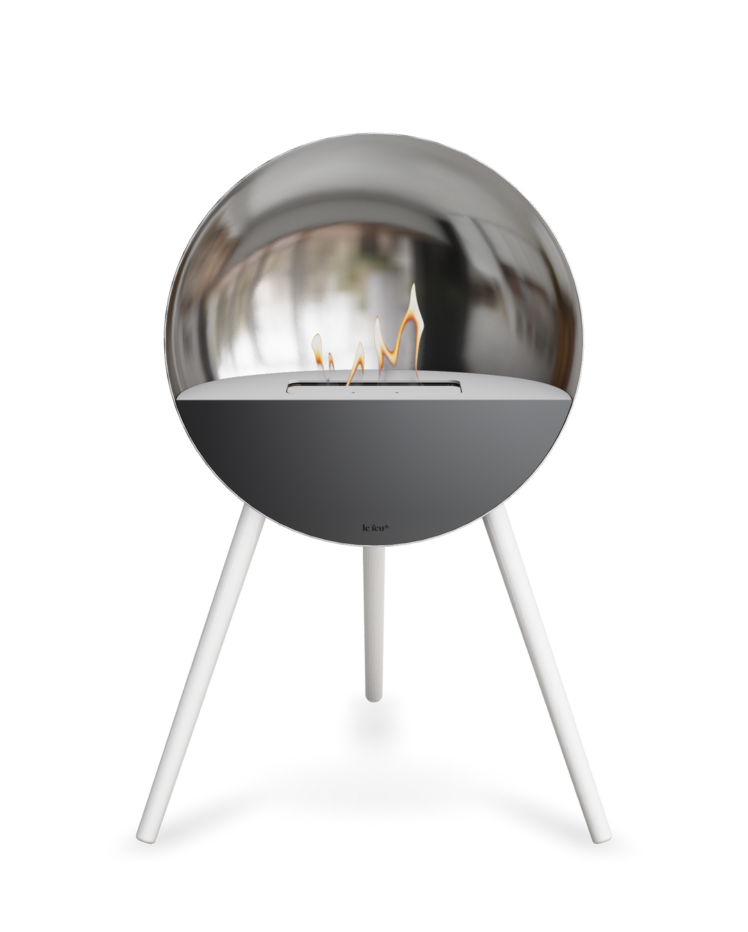 Bioethanol Standkamin Le Feu EYE freistehend in Silber mit oberem Glas in Weiß, Frontglas in Schwarz und Standfüßen in Weiß