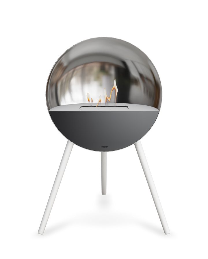 Bioethanol Standkamin Le Feu EYE freistehend in Silber mit oberem Glas in Weiß, Frontglas in Schwarz und Standfüßen in Weiß