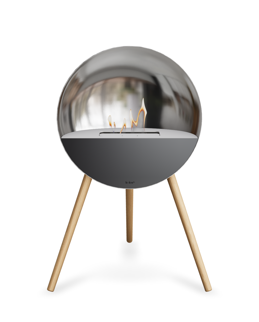 Bioethanol Standkamin Le Feu EYE freistehend in Silber mit oberem Glas in Weiß, Frontglas in Schwarz und Standfüßen aus seifenbehandelter Eiche