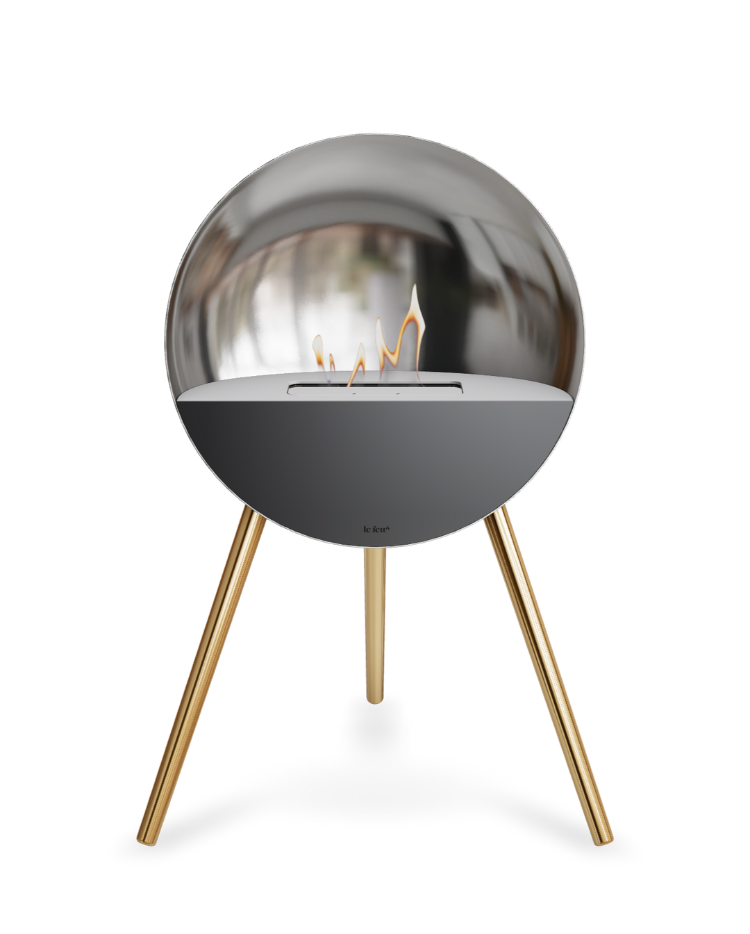 Bioethanol Standkamin Le Feu EYE freistehend in Silber mit oberem Glas in Weiß, Frontglas in Schwarz und Standfüßen in Roségold