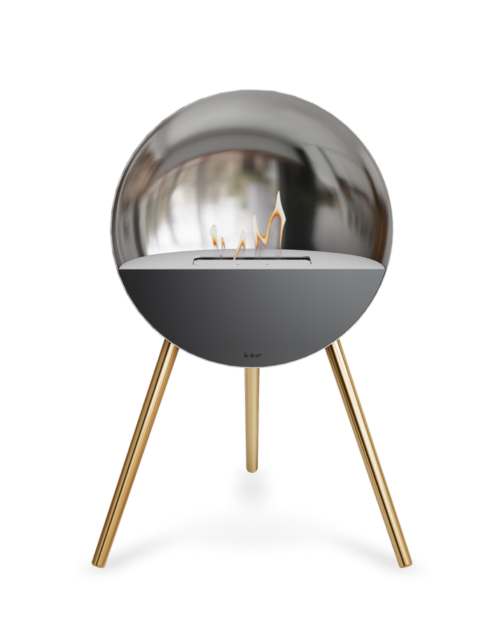 Bioethanol Standkamin Le Feu EYE freistehend in Silber mit oberem Glas in Weiß, Frontglas in Schwarz und Standfüßen in Roségold