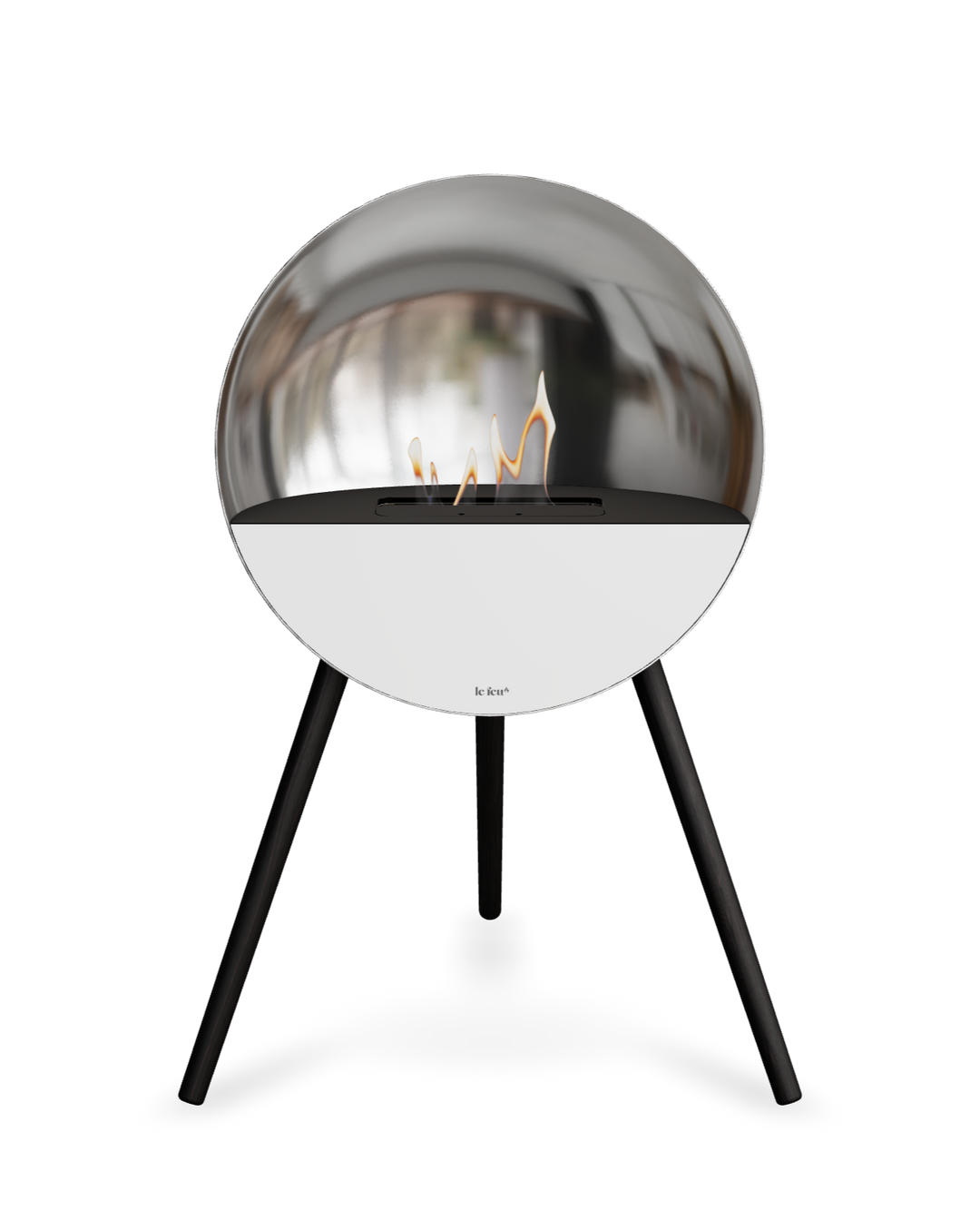 Bioethanol Standkamin Le Feu EYE freistehend in Silber mit oberem Glas in Schwarz, Frontglas in Weiß und Standfüßen in Schwarz