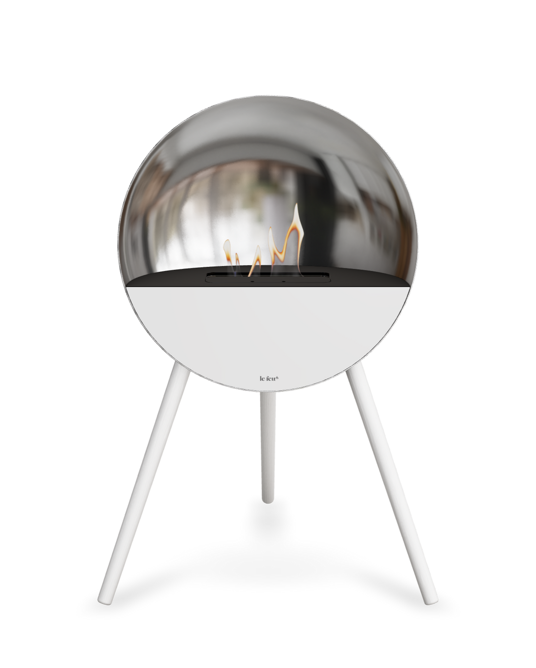 Bioethanol Standkamin Le Feu EYE freistehend in Silber mit oberem Glas in Schwarz, Frontglas in Weiß und Standfüßen in Weiß