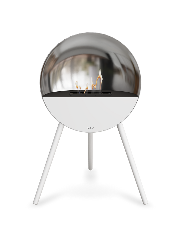 Bioethanol Standkamin Le Feu EYE freistehend in Silber mit oberem Glas in Schwarz, Frontglas in Weiß und Standfüßen in Weiß