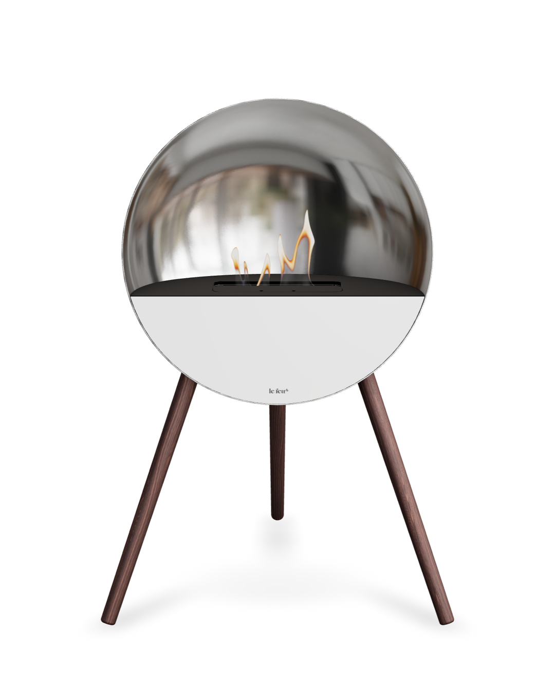Bioethanol Standkamin Le Feu EYE freistehend in Silber mit oberem Glas in Schwarz, Frontglas in Weiß und Standfüßen aus geräucherter Eiche