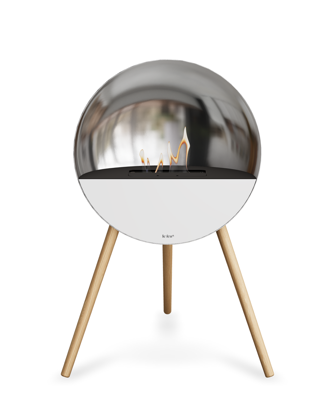 Bioethanol Standkamin Le Feu EYE freistehend in Silber mit oberem Glas in Schwarz, Frontglas in Weiß und Standfüßen aus seifenbehandelter Eiche