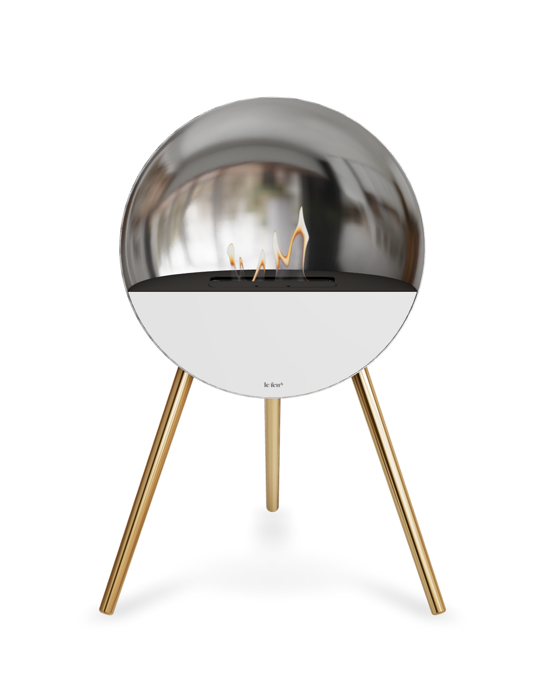 Bioethanol Standkamin Le Feu EYE freistehend in Silber mit oberem Glas in Schwarz, Frontglas in Weiß und Standfüßen in Roségold