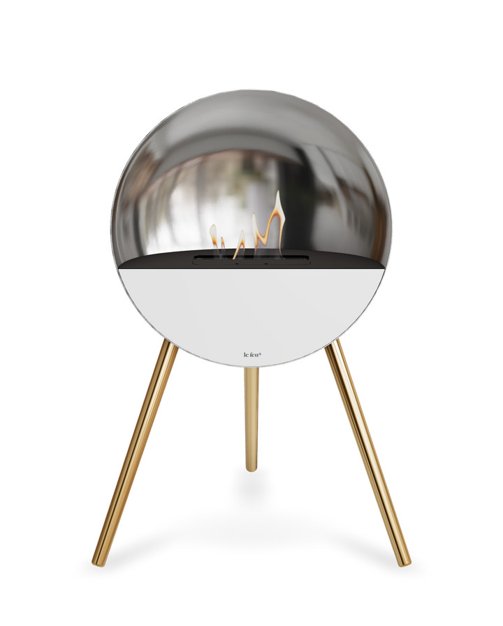 Bioethanol Standkamin Le Feu EYE freistehend in Silber mit oberem Glas in Schwarz, Frontglas in Weiß und Standfüßen in Roségold