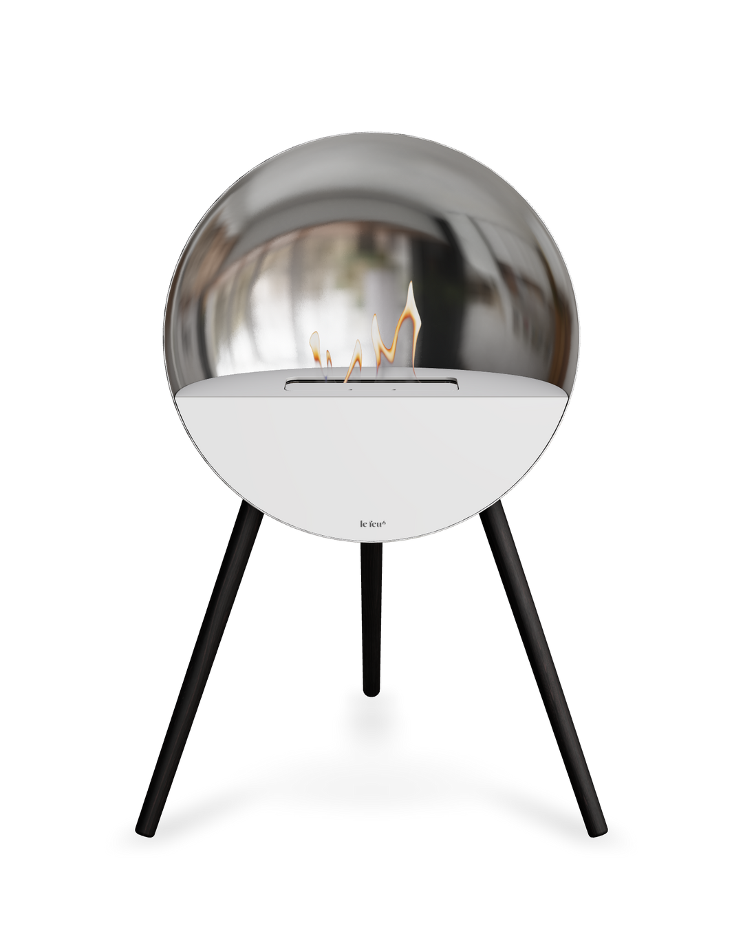 Bioethanol Standkamin Le Feu EYE freistehend in Silber mit oberem Glas in Weiß, Frontglas in Weiß und Standfüßen in Schwarz