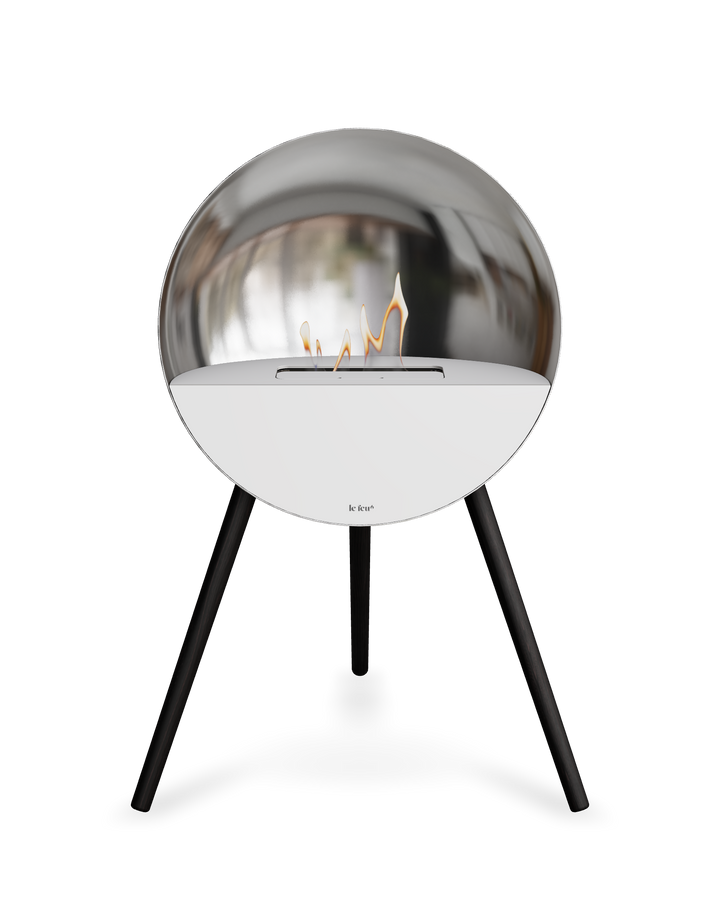 Bioethanol Standkamin Le Feu EYE freistehend in Silber mit oberem Glas in Weiß, Frontglas in Weiß und Standfüßen in Schwarz