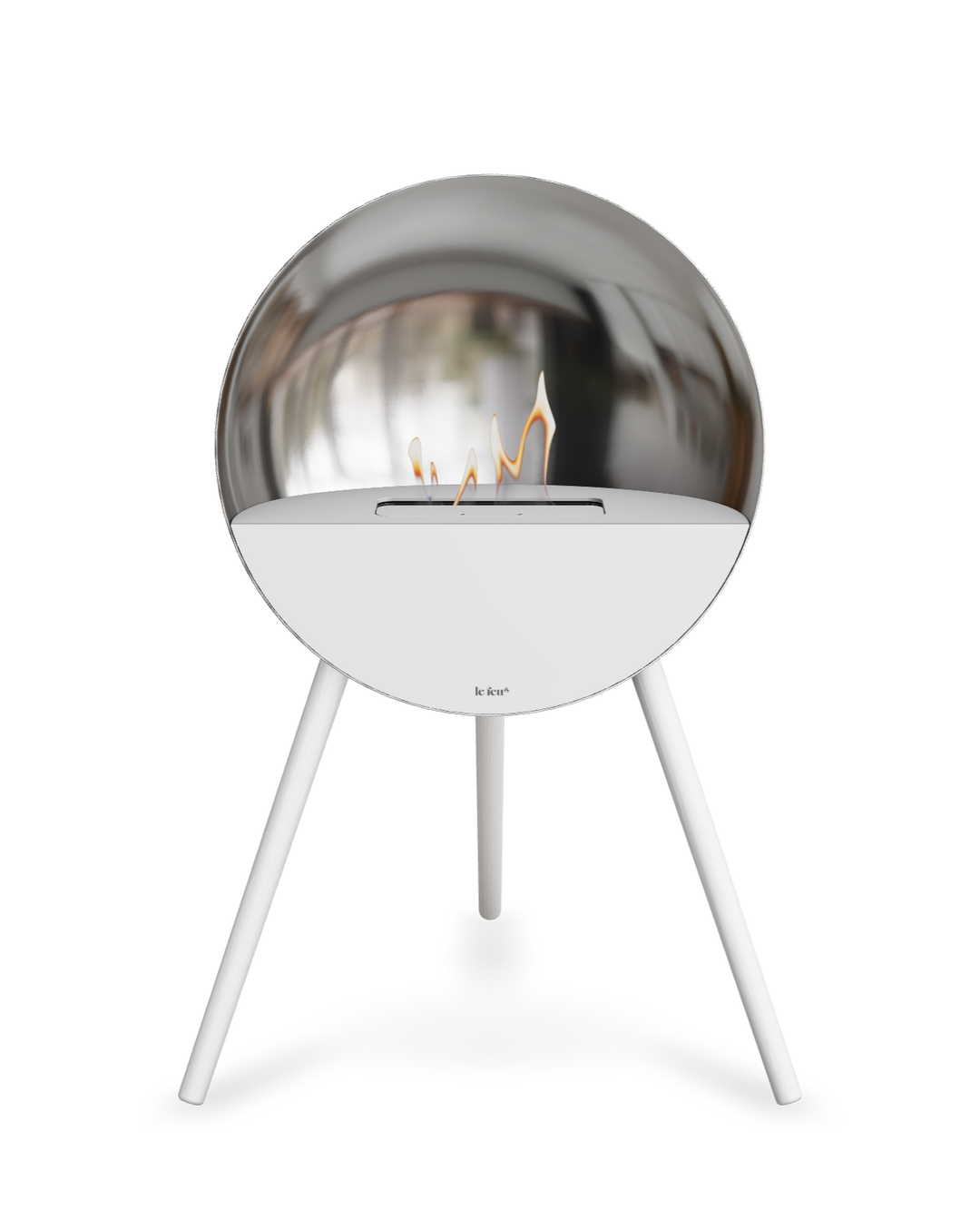 Bioethanol Standkamin Le Feu EYE freistehend in Silber mit oberem Glas in Weiß, Frontglas in Weiß und Standfüßen in Weiß