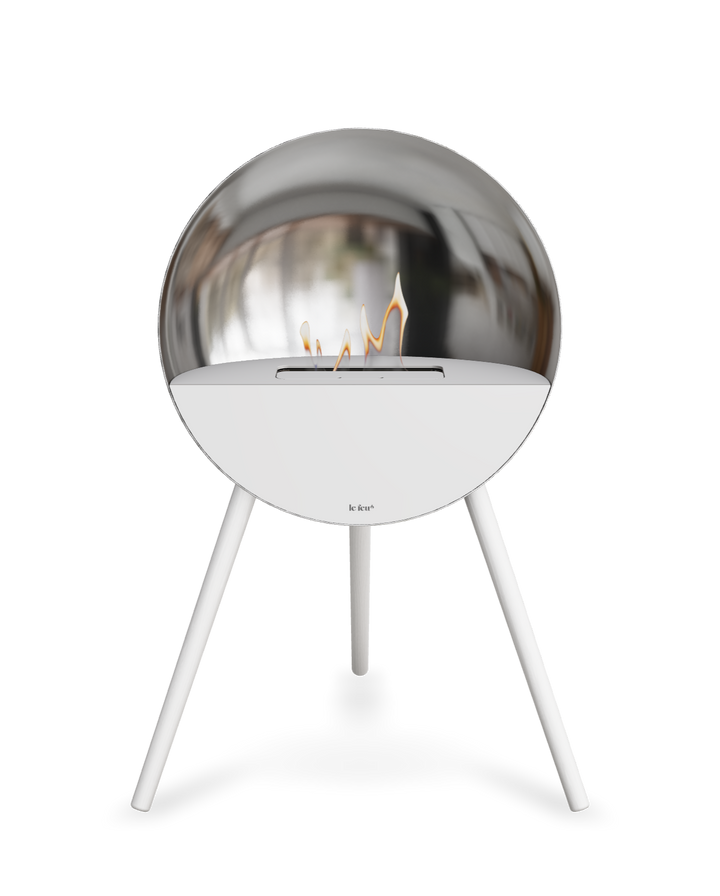 Bioethanol Standkamin Le Feu EYE freistehend in Silber mit oberem Glas in Weiß, Frontglas in Weiß und Standfüßen in Weiß