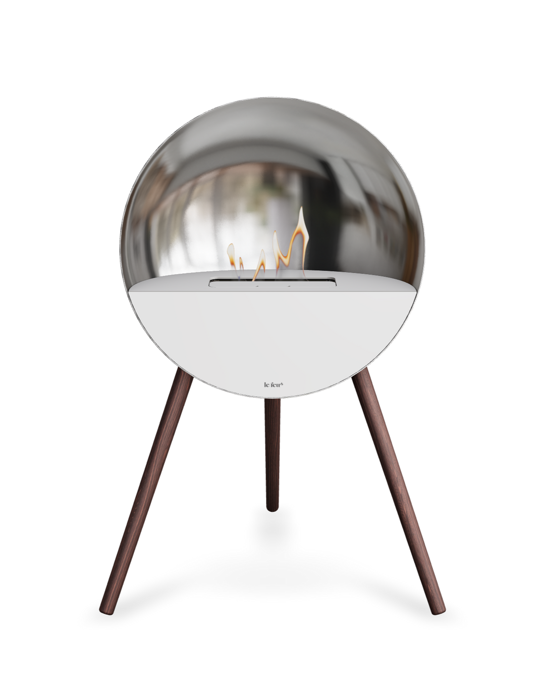 Bioethanol Standkamin Le Feu EYE freistehend in Silber mit oberem Glas in Weiß, Frontglas in Weiß und Standfüßen aus geräucherter Eiche