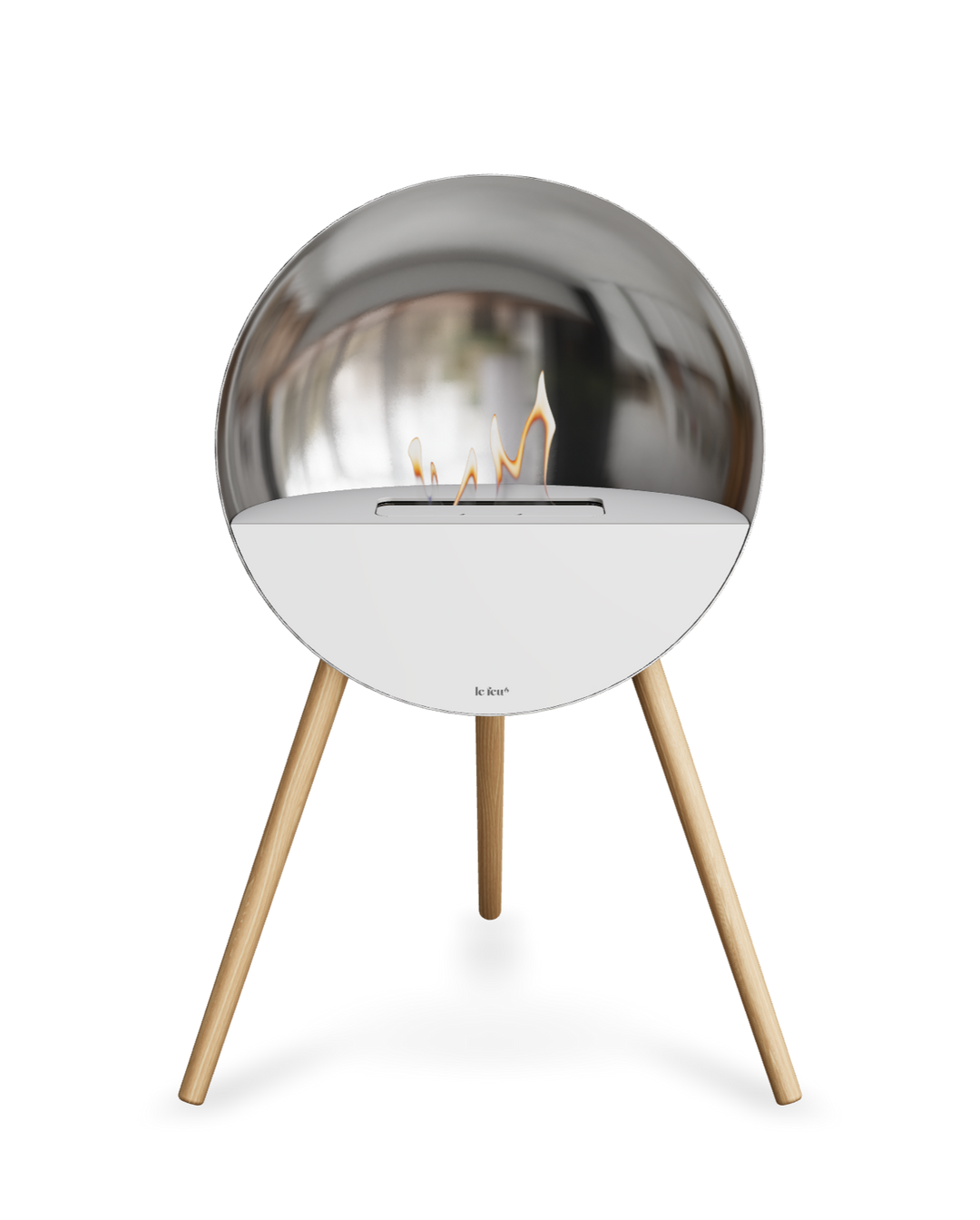 Bioethanol Standkamin Le Feu EYE freistehend in Silber mit oberem Glas in Weiß, Frontglas in Weiß und Standfüßen aus seifenbehandelter Eiche