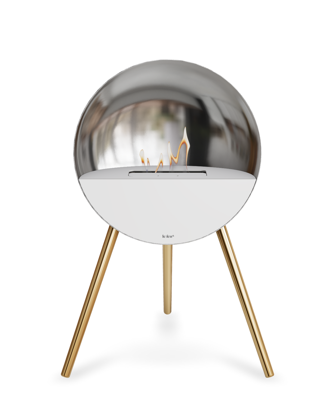 Bioethanol Standkamin Le Feu EYE freistehend in Silber mit oberem Glas in Weiß, Frontglas in Weiß und Standfüßen in Roségold