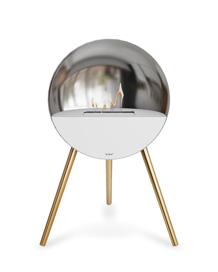 Bioethanol Standkamin Le Feu EYE freistehend in Silber mit oberem Glas in Weiß, Frontglas in Weiß und Standfüßen in Roségold