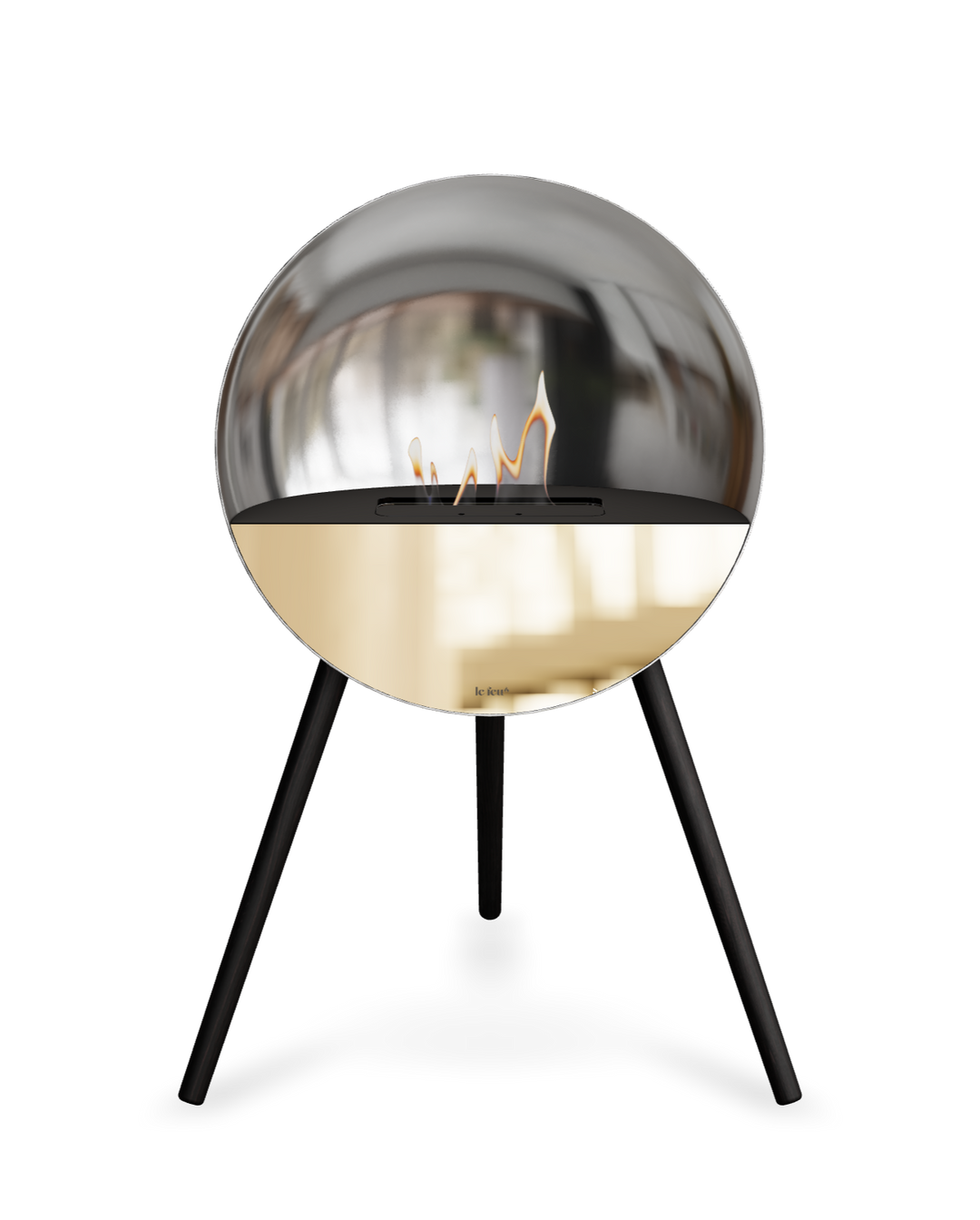 Bioethanol Standkamin Le Feu EYE freistehend in Silber mit oberem Glas in Schwarz, Frontglas in Roségold und Standfüßen in Schwarz