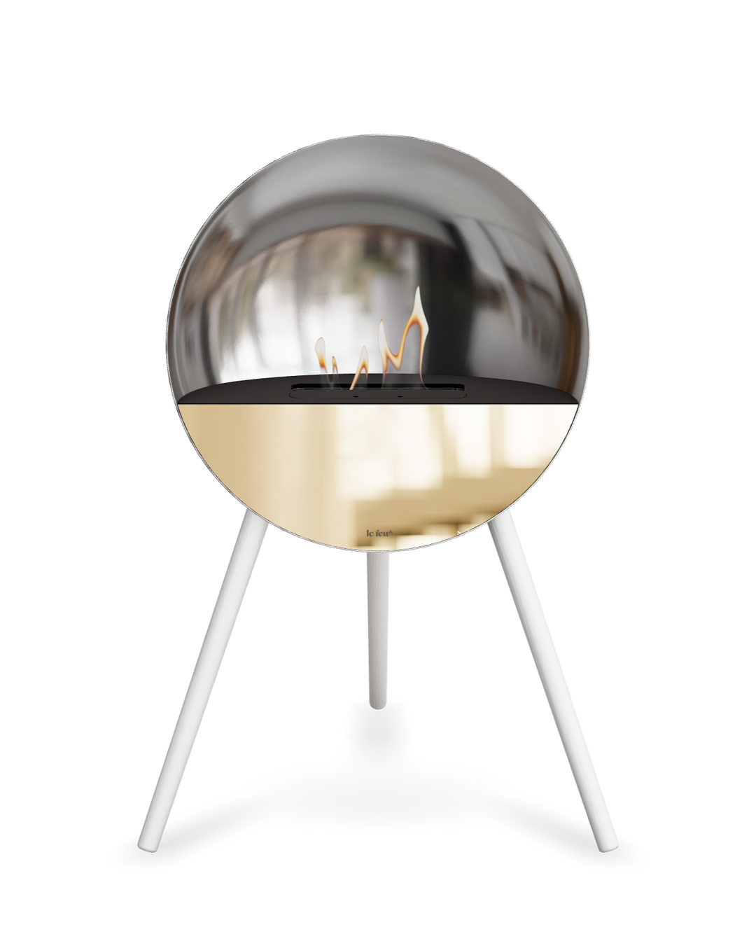 Bioethanol Standkamin Le Feu EYE freistehend in Silber mit oberem Glas in Schwarz, Frontglas in Roségold und Standfüßen in Weiß
