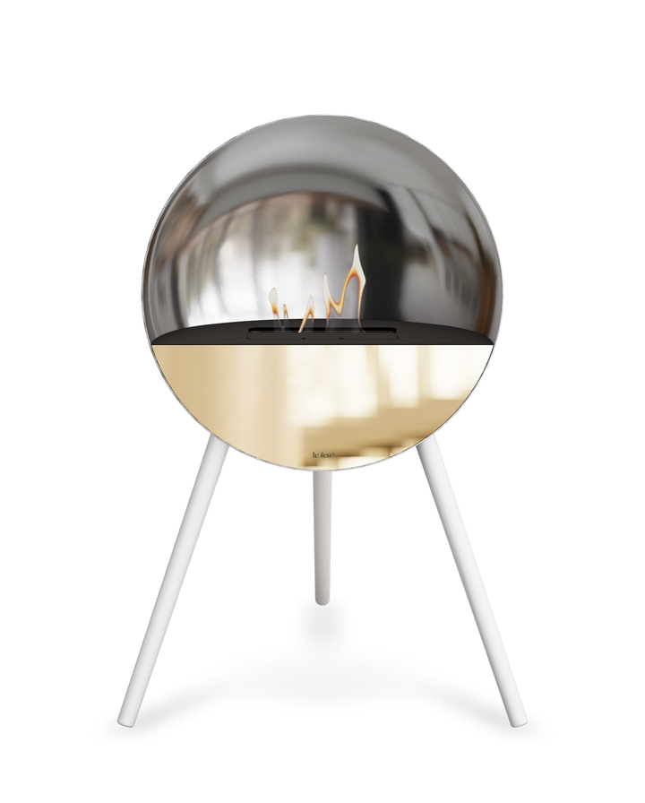 Bioethanol Standkamin Le Feu EYE freistehend in Silber mit oberem Glas in Schwarz, Frontglas in Roségold und Standfüßen in Weiß
