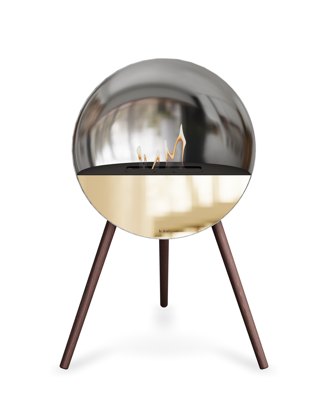 Bioethanol Standkamin Le Feu EYE freistehend in Silber mit oberem Glas in Schwarz, Frontglas in Roségold und Standfüßen aus geräucherter Eiche