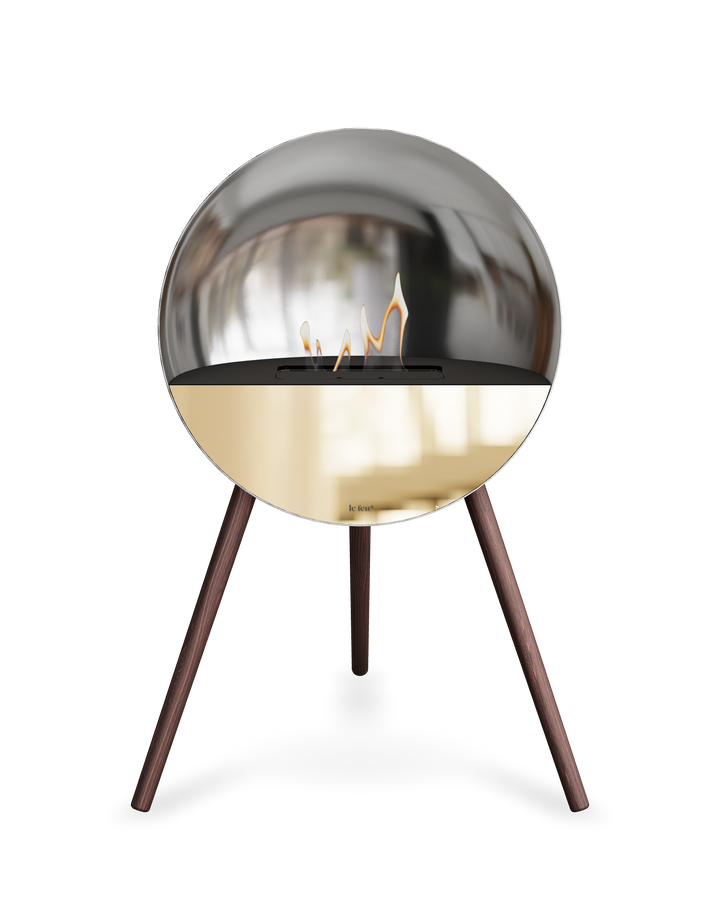 Bioethanol Standkamin Le Feu EYE freistehend in Silber mit oberem Glas in Schwarz, Frontglas in Roségold und Standfüßen aus geräucherter Eiche