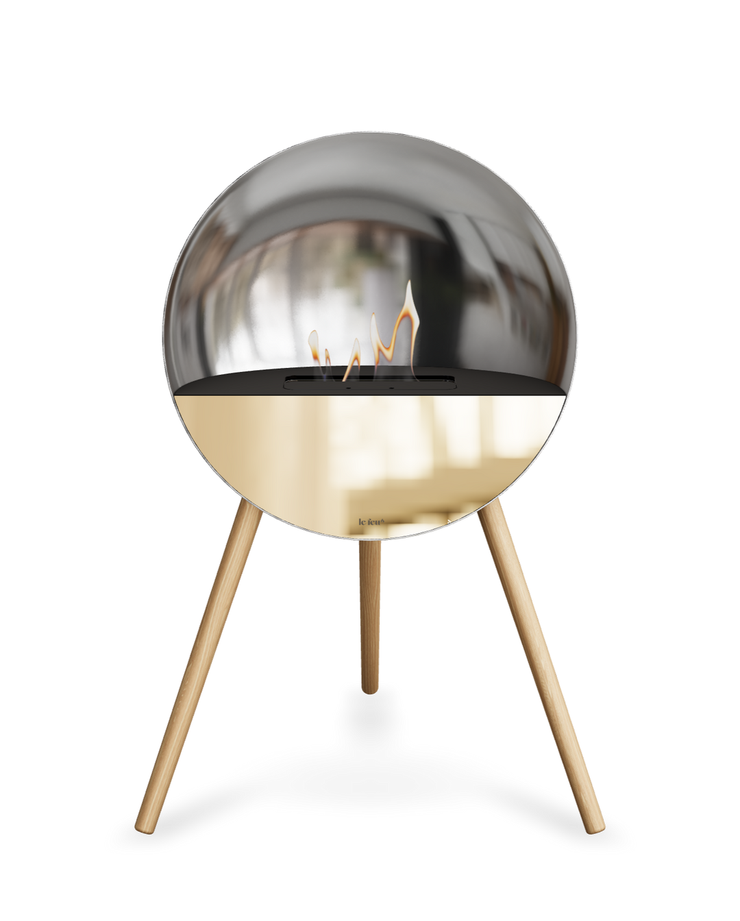 Bioethanol Standkamin Le Feu EYE freistehend in Silber mit oberem Glas in Schwarz, Frontglas in Roségold und Standfüßen aus seifenbehandelter Eiche