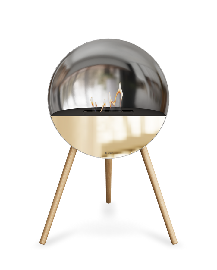 Bioethanol Standkamin Le Feu EYE freistehend in Silber mit oberem Glas in Schwarz, Frontglas in Roségold und Standfüßen aus seifenbehandelter Eiche