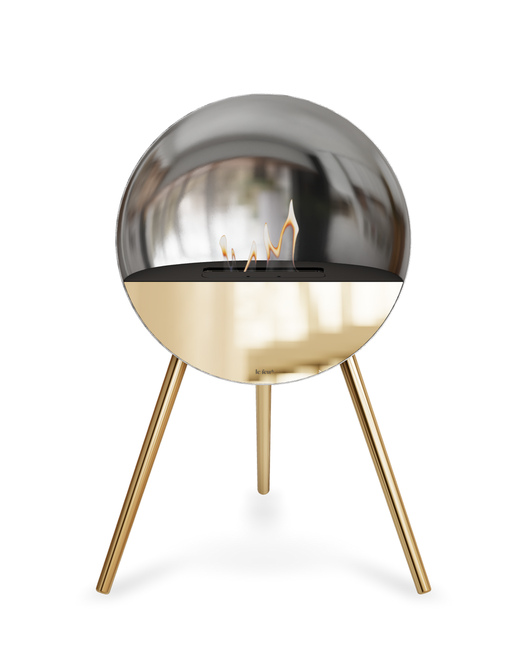 Bioethanol Standkamin Le Feu EYE freistehend in Silber mit oberem Glas in Schwarz, Frontglas in Roségold und Standfüßen in Roségold