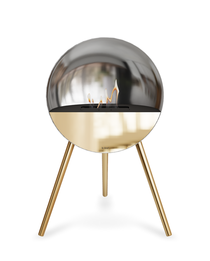 Bioethanol Standkamin Le Feu EYE freistehend in Silber mit oberem Glas in Schwarz, Frontglas in Roségold und Standfüßen in Roségold