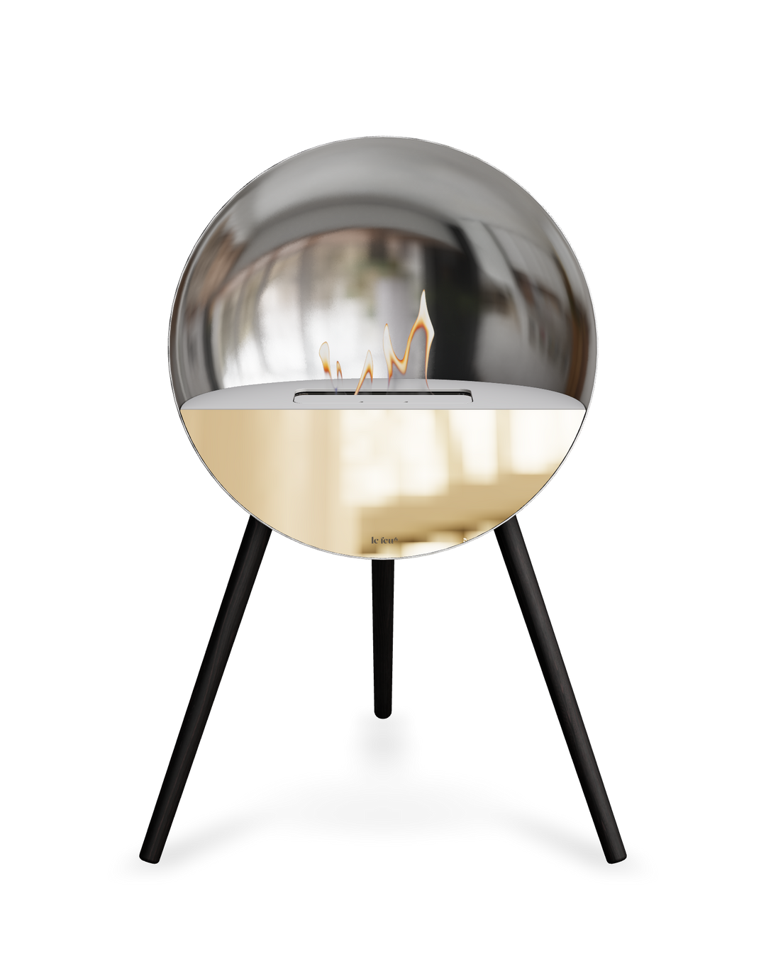 Bioethanol Standkamin Le Feu EYE freistehend in Silber mit oberem Glas in Weiß, Frontglas in Roségold und Standfüßen in Schwarz