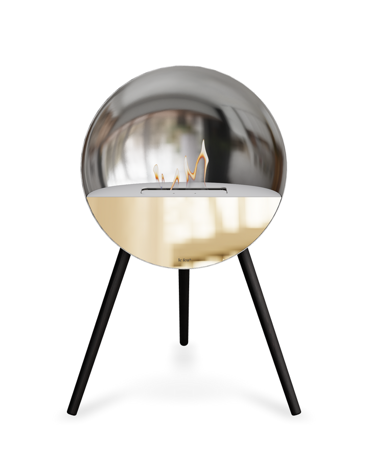 Bioethanol Standkamin Le Feu EYE freistehend in Silber mit oberem Glas in Weiß, Frontglas in Roségold und Standfüßen in Schwarz