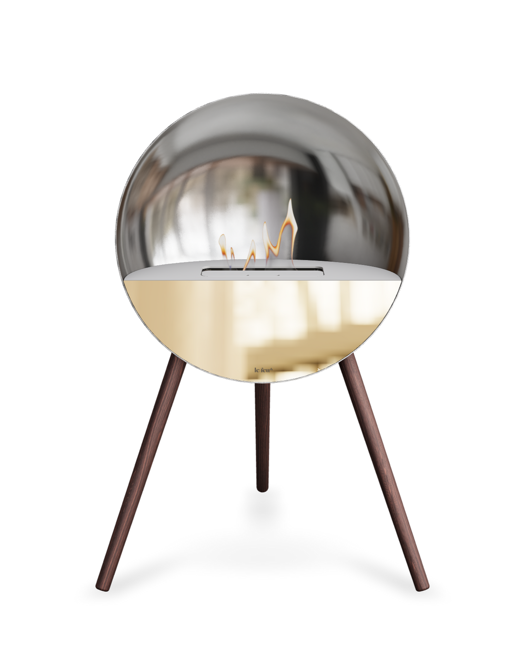 Bioethanol Standkamin Le Feu EYE freistehend in Silber mit oberem Glas in Weiß, Frontglas in Roségold und Standfüßen aus geräucherter Eiche