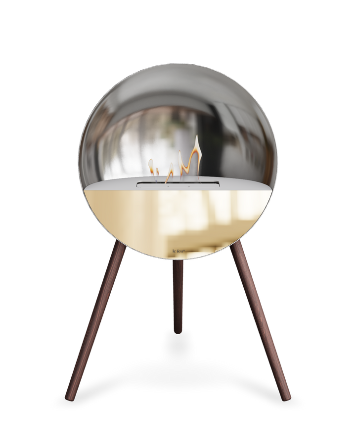 Bioethanol Standkamin Le Feu EYE freistehend in Silber mit oberem Glas in Weiß, Frontglas in Roségold und Standfüßen aus geräucherter Eiche