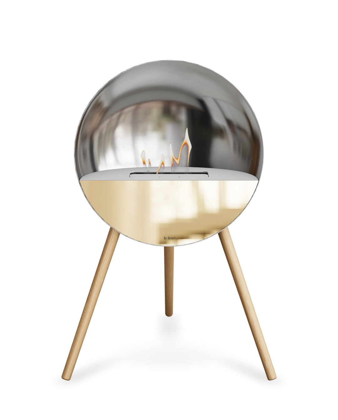 Bioethanol Standkamin Le Feu EYE freistehend in Silber mit oberem Glas in Weiß, Frontglas in Roségold und Standfüßen aus seifenbehandelter Eiche