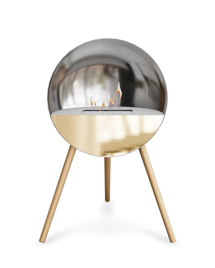 Bioethanol Standkamin Le Feu EYE freistehend in Silber mit oberem Glas in Weiß, Frontglas in Roségold und Standfüßen aus seifenbehandelter Eiche