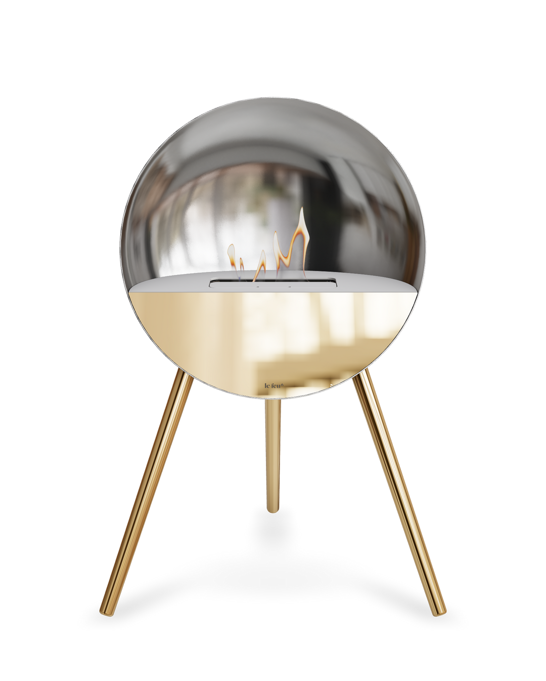 Bioethanol Standkamin Le Feu EYE freistehend in Silber mit oberem Glas in Weiß, Frontglas in Roségold und Standfüßen in Roségold