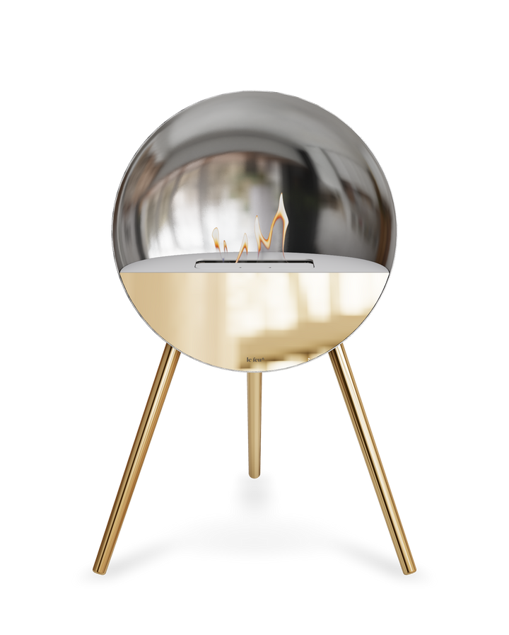 Bioethanol Standkamin Le Feu EYE freistehend in Silber mit oberem Glas in Weiß, Frontglas in Roségold und Standfüßen in Roségold