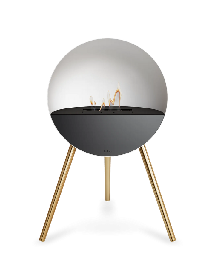 Bioethanol Standkamin Le Feu EYE freistehend in Weiß mit oberem Glas in Schwarz, Frontglas in Schwarz und Standfüßen in Roségold