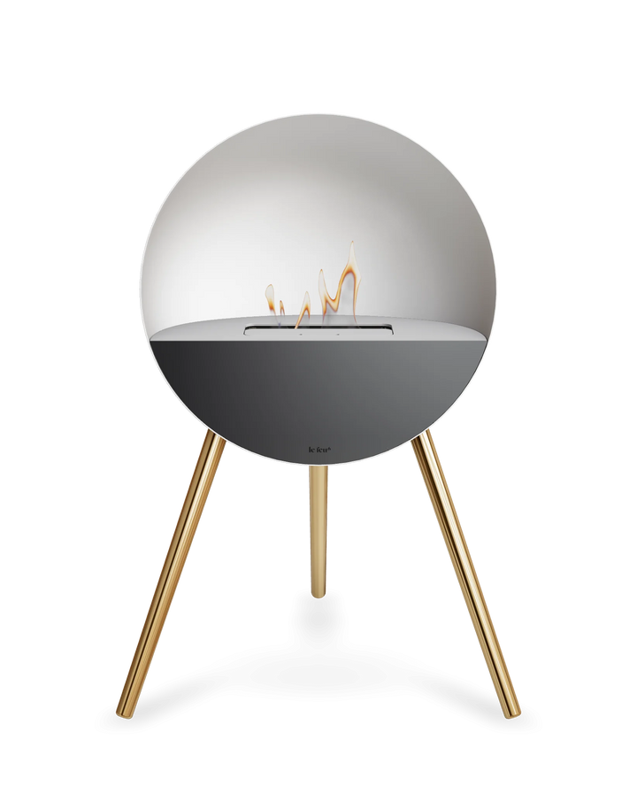 Bioethanol Standkamin Le Feu EYE freistehend in Weiß mit oberem Glas in Weiß, Frontglas in Schwarz und Standfüßen in Roségold