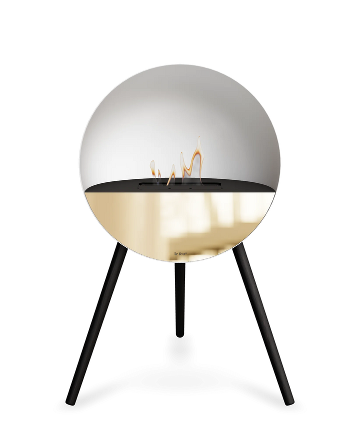 Bioethanol Standkamin Le Feu EYE freistehend in Weiß mit oberem Glas in Schwarz, Frontglas in Roségold und Standfüßen in Schwarz