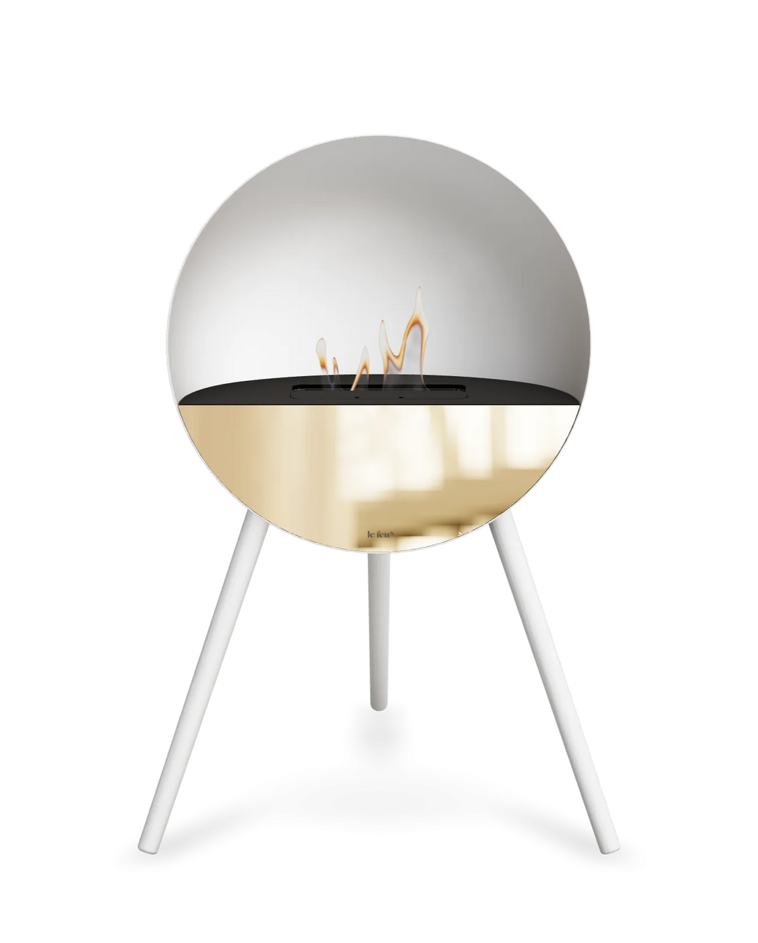 Bioethanol Standkamin Le Feu EYE freistehend in Weiß mit oberem Glas in Schwarz, Frontglas in Roségold und Standfüßen in Weiß