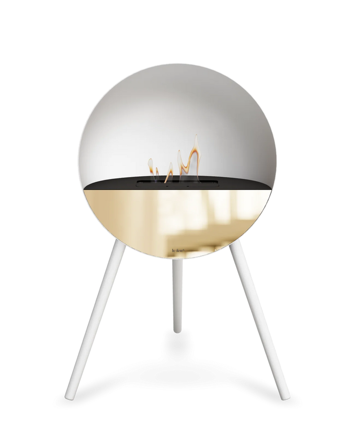 Bioethanol Standkamin Le Feu EYE freistehend in Weiß mit oberem Glas in Schwarz, Frontglas in Roségold und Standfüßen in Weiß