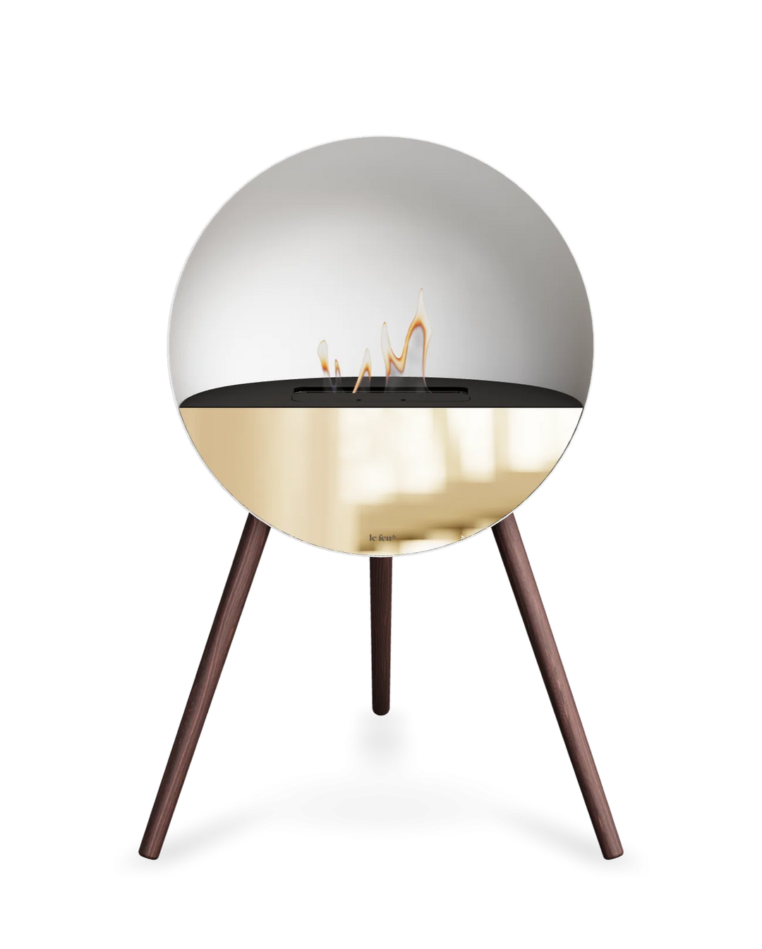 Bioethanol Standkamin Le Feu EYE freistehend in Weiß mit oberem Glas in Schwarz, Frontglas in Roségold und Standfüßen aus geräucherter Eiche