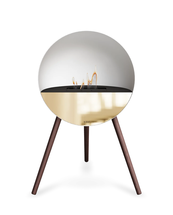Bioethanol Standkamin Le Feu EYE freistehend in Weiß mit oberem Glas in Schwarz, Frontglas in Roségold und Standfüßen aus geräucherter Eiche