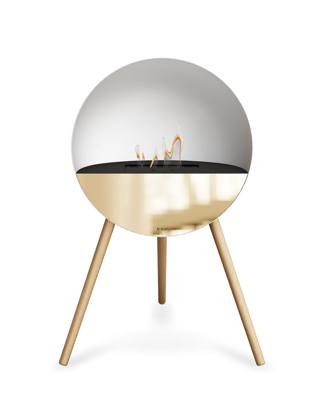 Bioethanol Standkamin Le Feu EYE freistehend in Weiß mit oberem Glas in Schwarz, Frontglas in Roségold und Standfüßen aus seifenbehandelter Eiche