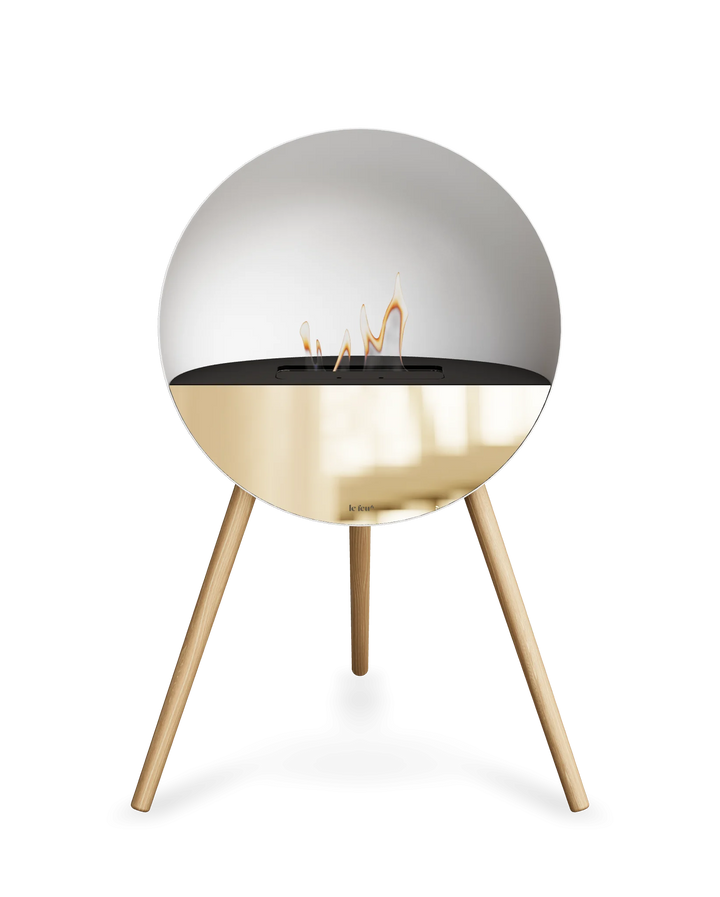 Bioethanol Standkamin Le Feu EYE freistehend in Weiß mit oberem Glas in Schwarz, Frontglas in Roségold und Standfüßen aus seifenbehandelter Eiche